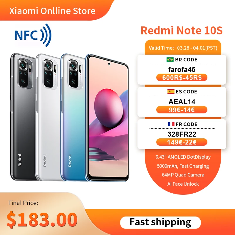 

Global Version EAC NFC Xiaomi Redmi Note 10S 6G 8G 128GB Smartphone Helio G95 6.43" AMOLED Display 33W 5000mAh 64M Quad Camera