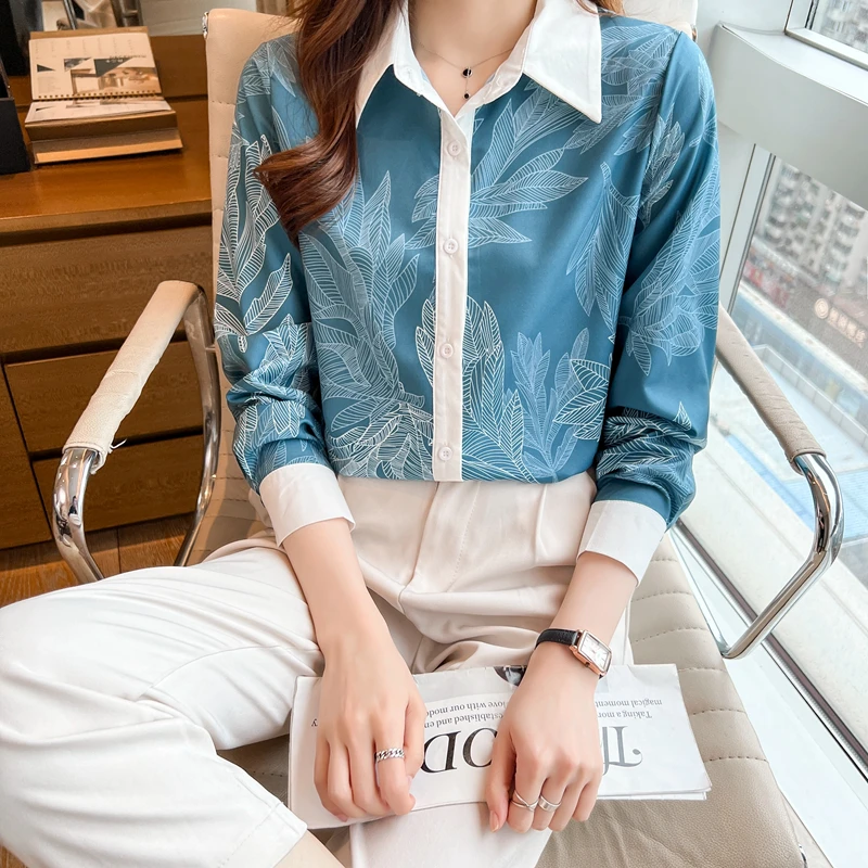 

Women's Long Sleeve Top Autumn 2022 New Luxury Women's Print Chiffon Blouses Fashion Green Shirt Woman MQ40