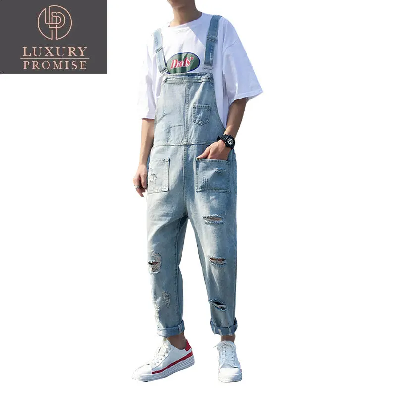 

Ripped Men Jeans Bib Overalls Ankle Length Multi-Pocket Hip Hop Hole Denim Jumpsuits Trousers Leisure Tattered Freight Pants