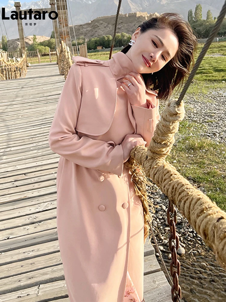 

Lautaro весна-осень длинный розовый плащ для женщин с поясом двубортный стильный шикарный элегантный роскошный дизайнерская верхняя одежда тр...