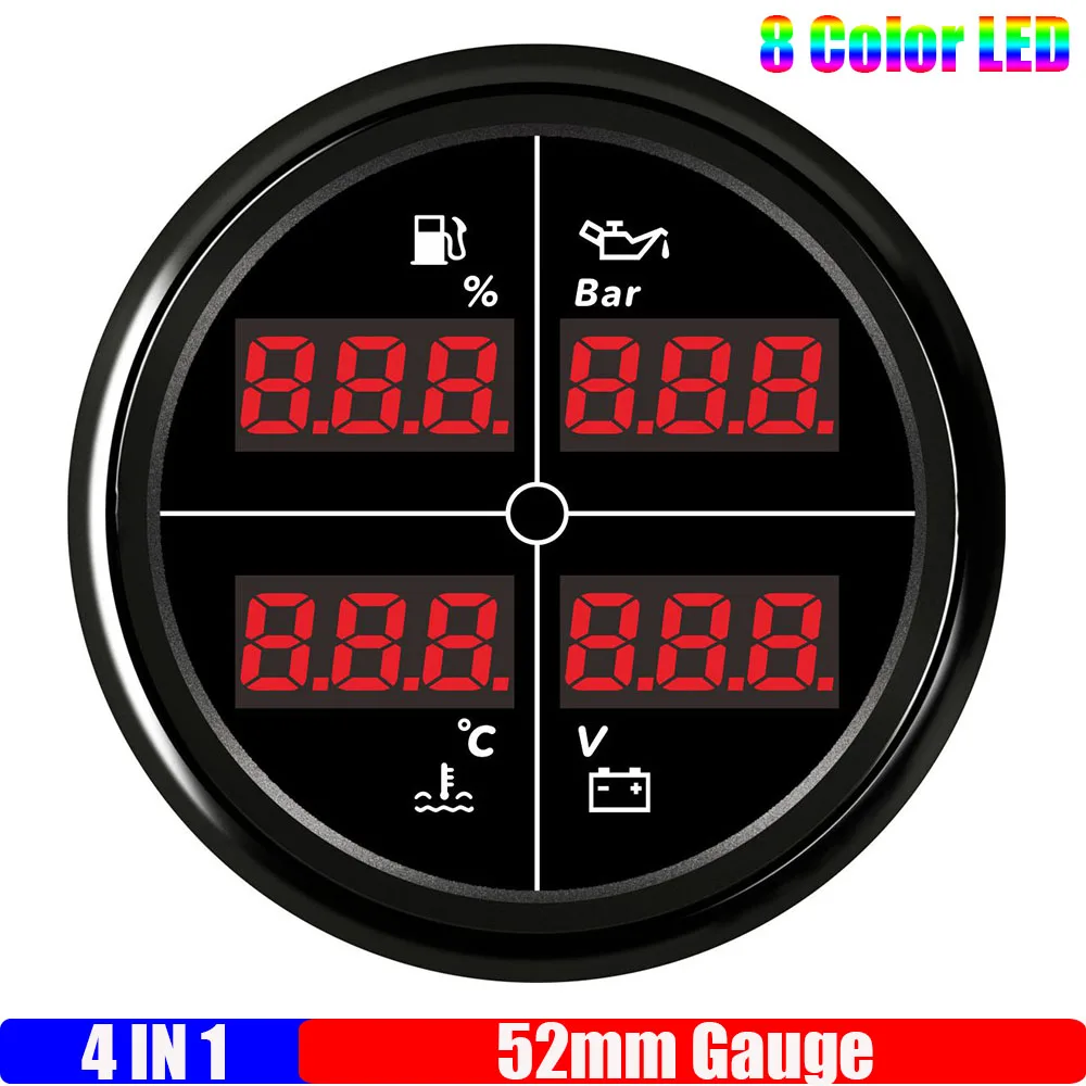 8-цветный светодиодный цифровой датчик 52 мм для автомобиля, лодки, яхты, мульти 4 в 1, 0-190 Ом, датчик уровня топлива + давление масла + температура воды + вольтметр на заказ