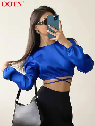 OOTN Sexy Blue Fashion Woman Blouse 2023 Autumn Lace Up Backless Crop Top Long Sleeve Wrap Top Elegant Satin O-Neck Shirt Women