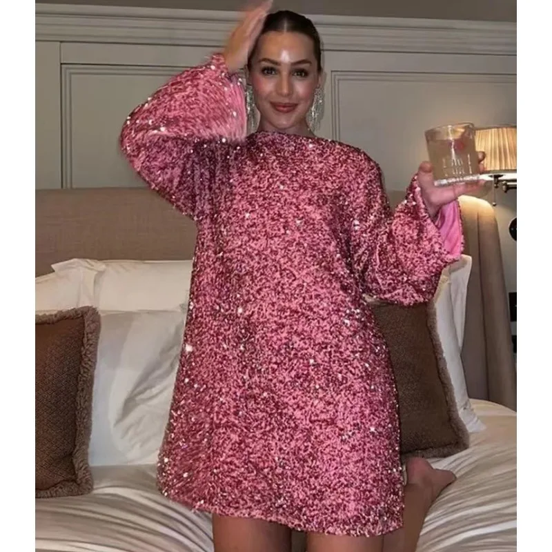 

Large -size Women O-neck Fashion Sequins Long Sleeve Loose Dress Sexy Sequins Short Skirt Front Back Wearing Bow Princess Skirt