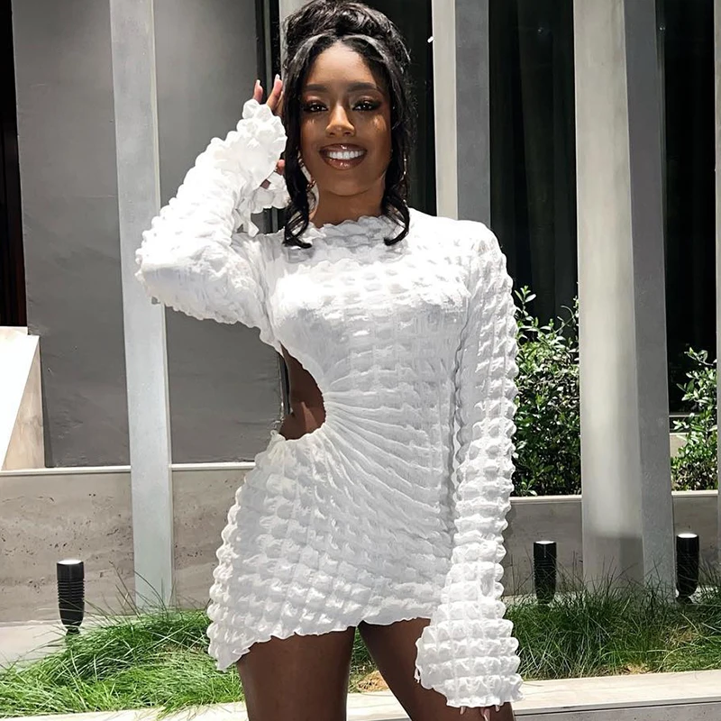 

Women Slim-fit Cutout Mini Dress Tie-up Solid Color Long Sleeve Round Neck Bodycon Dress Party Clubwear White/Pink/Green