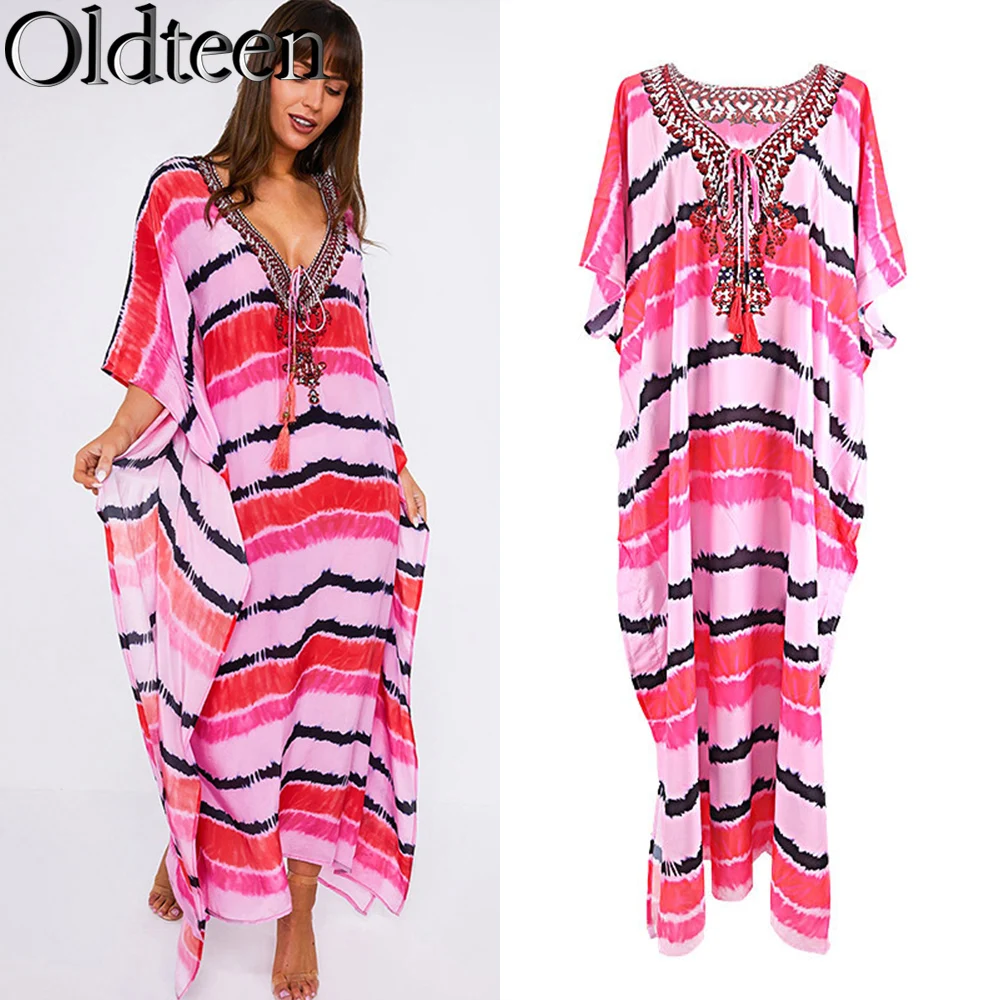 

New Pink Rose Red Long Dress Beach Cover-Up Street Casual Swimwear Bohemian Sexy V-neck Loose Dress Retro Long Dress Cover Up