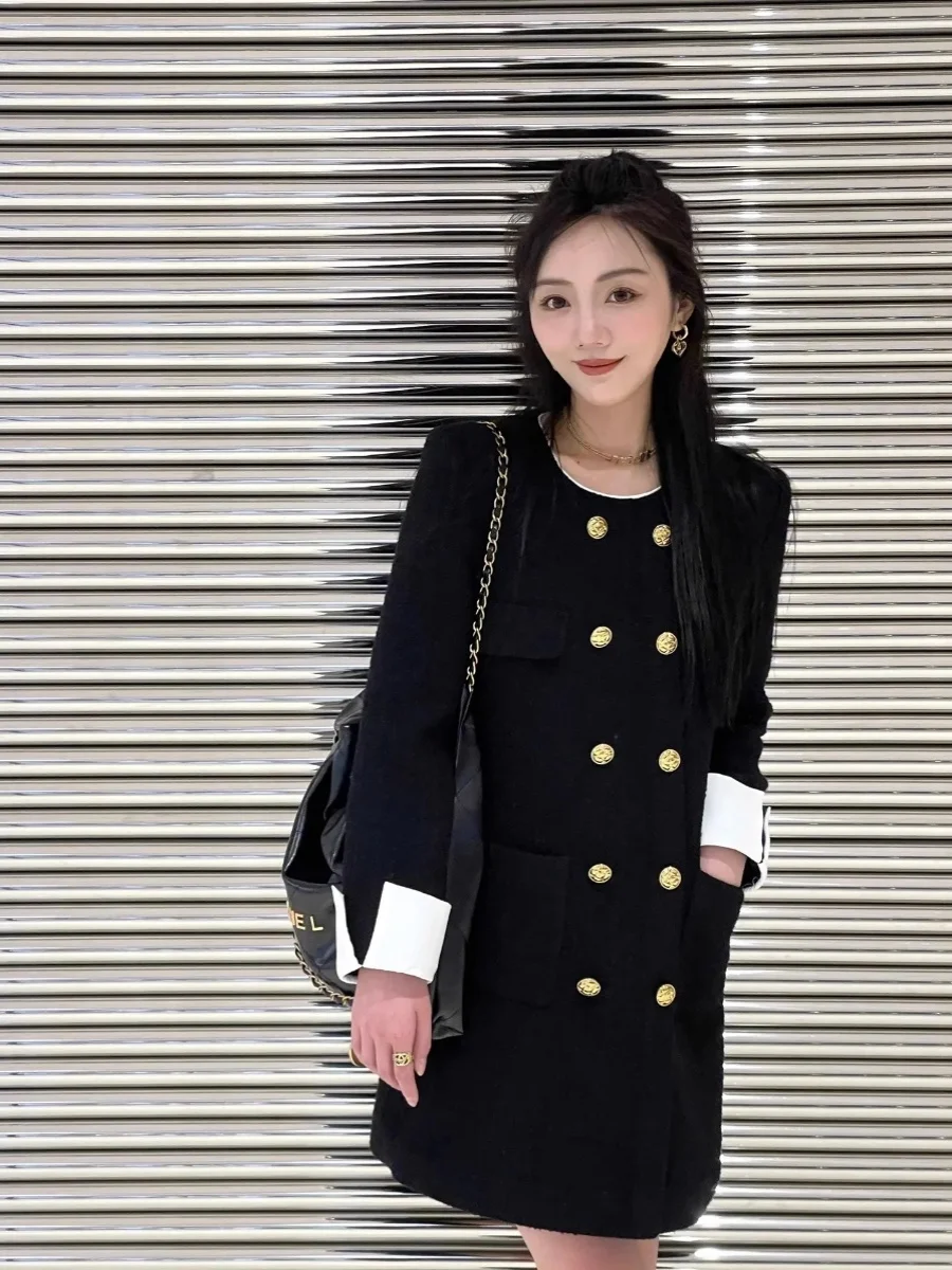 Plus Size Retro Double Breasted Black Dress Women 2024 Autumn and Winter Plus size Chubby Girl High-Grade Temperament Slimmin...