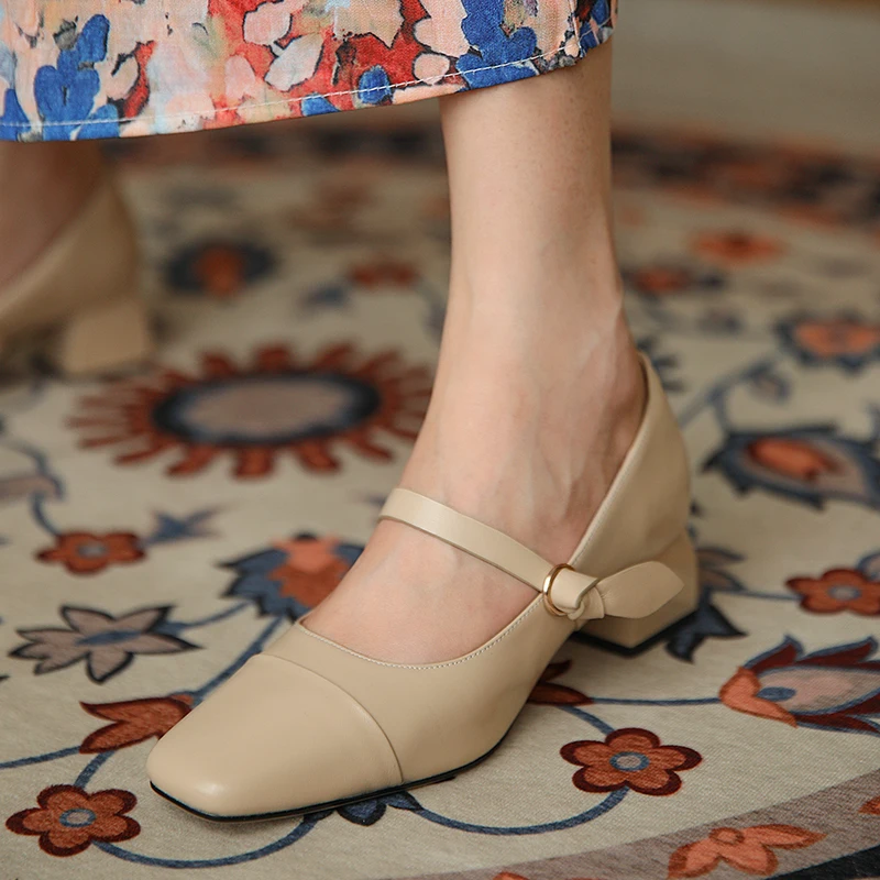 33-40 large size women's shoes with square toe cowhide stitching medium heel thick heel thin strap buckle women's shoes