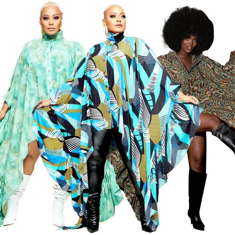 

Модное женское платье-рубашка с воротником-стойкой и длинными рукавами летучая мышь