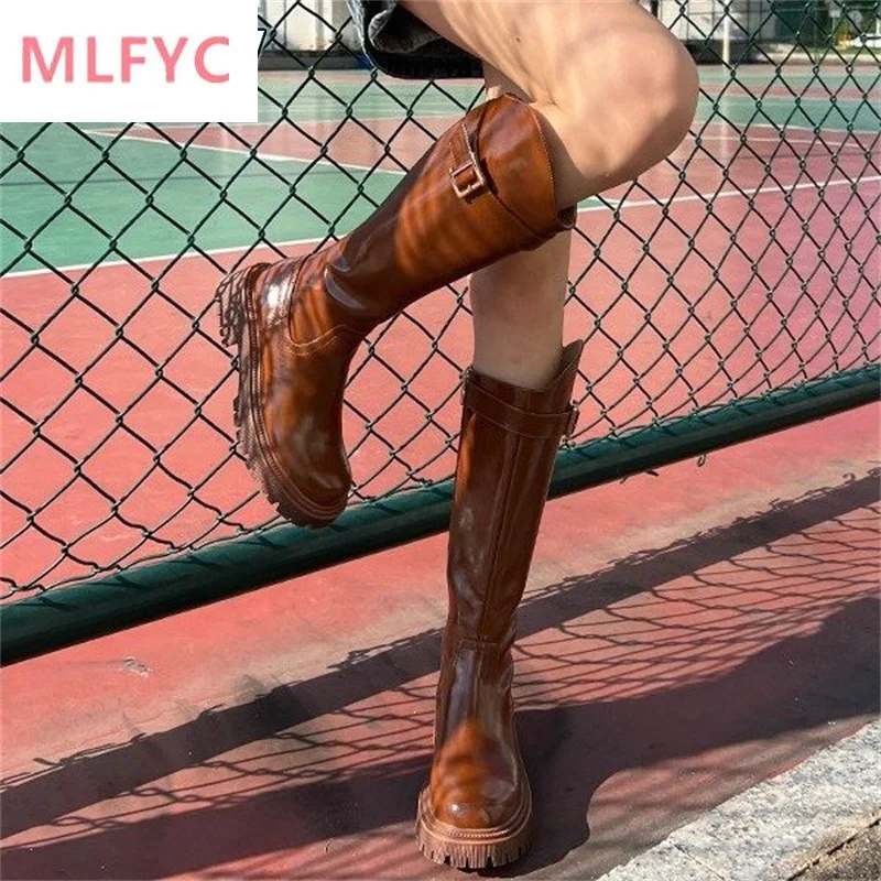 

2022 new all-match belt buckle boots women's low heel leather boots side zipper knight boots factory direct sales