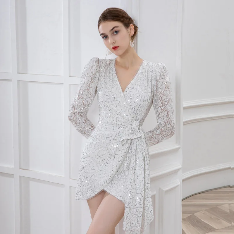 2022 Spring And Autumn Women New Temperament Imperial Sister Fashion Sequins V-neck High Dress