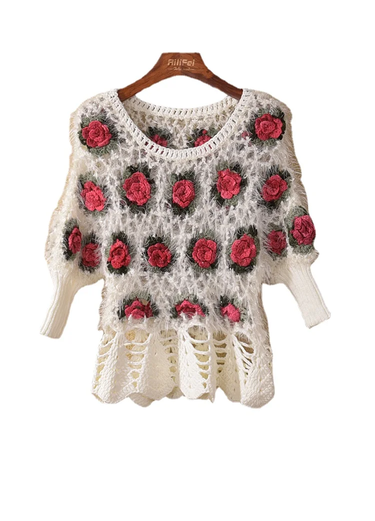 Suéteres de manga corta 3D para mujer, suéteres de flor de Rosa Mohair, suéteres de ganchillo ahuecados, suéter de flor de manga corta 2021