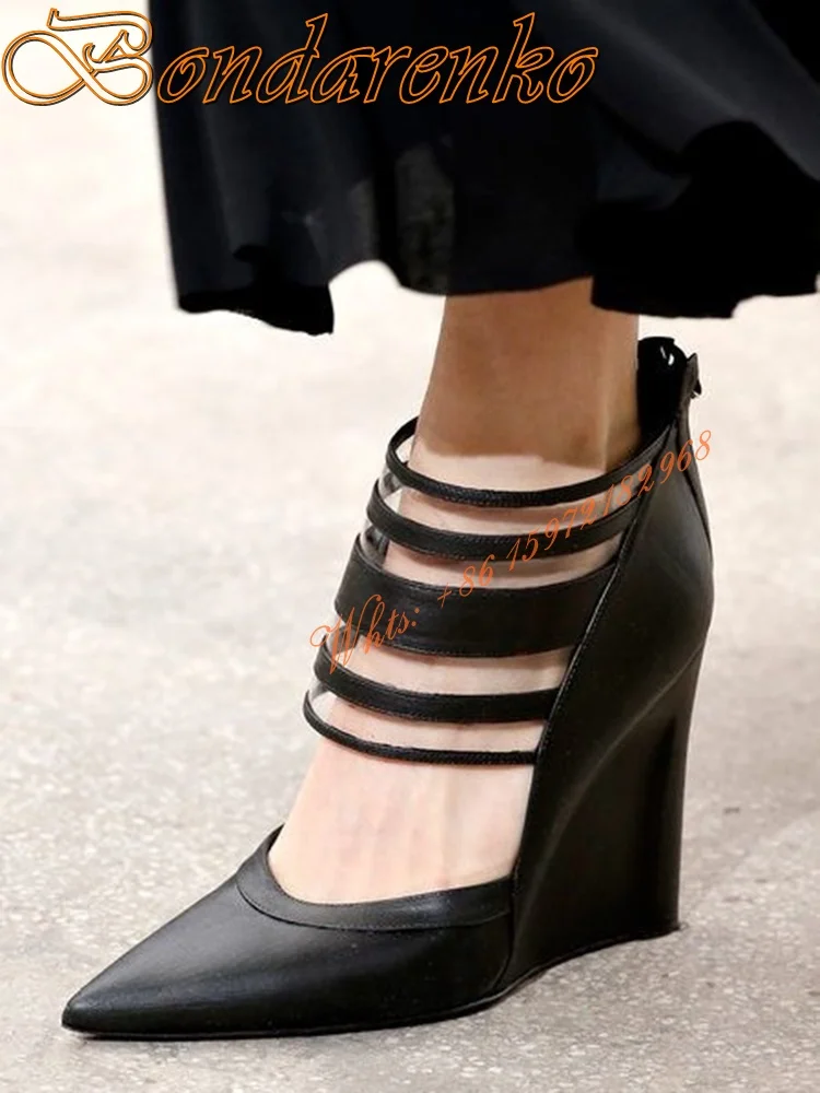 Cut Outs Straps Wedges Pumps Pointy Toe Solid Black Ankle Women Dress Shoes Zipper Hollow Spring Party Daily Pumps Fashion Sexy