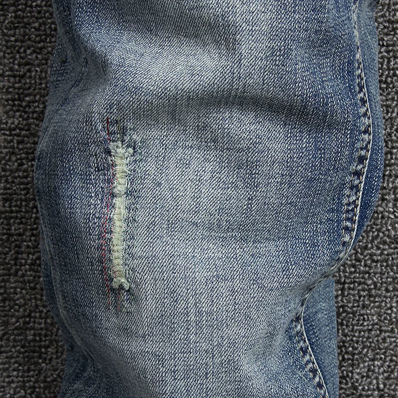 Fashion Vintage Men Jeans Retro Blue Elastic Stretch Slim Fit Ripped Jeans Men Patched Designer Casual Denim Pencil Pants Hombre