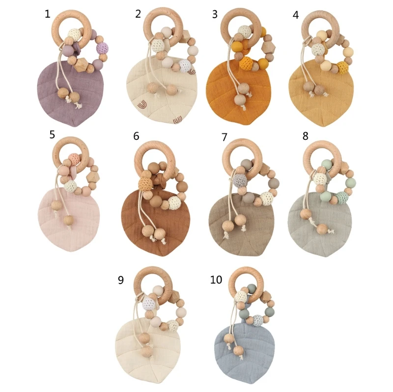 

Baby Wooden Teether Ring with Leaves Shape Absorbent Cloth Towel Blanket Rattle Beads Molar Toy Nursing Soother Newborn Toy