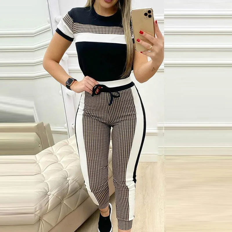 Women Autumn Plaid Patchwork Tracksuit sets Elegant pullovers +Drawstring long Pants Set Female casual sport Two Piece Sets