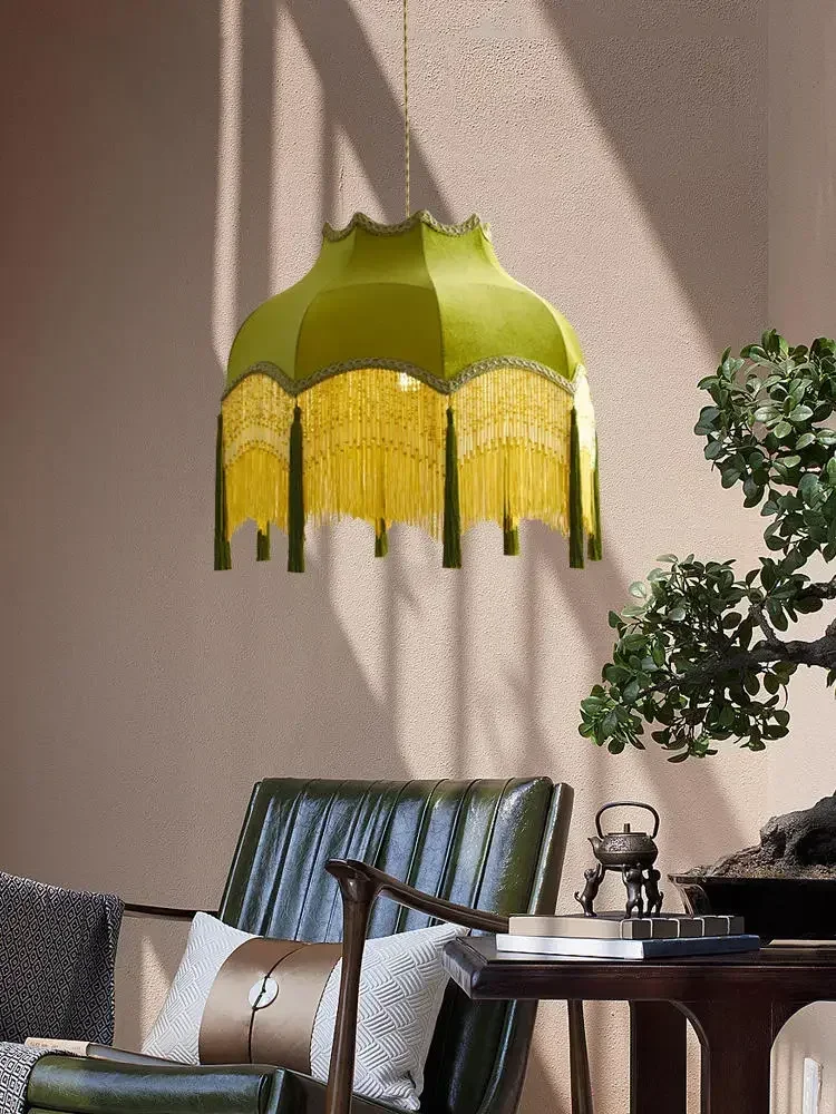 Светодиодные подвесные светильники с кисточками зеленая ткань прикроватные