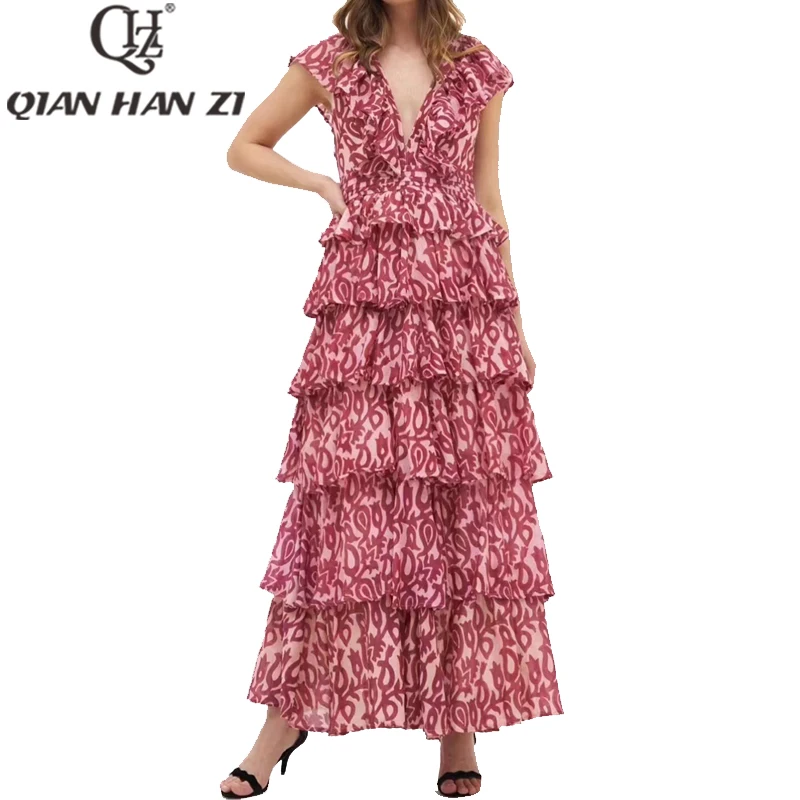 

Qian Han Zi Designer Fashion Long dress summer Women V-neck Vintage Sleeveless pattern print Cascade ruffles Beach Maxi Dress