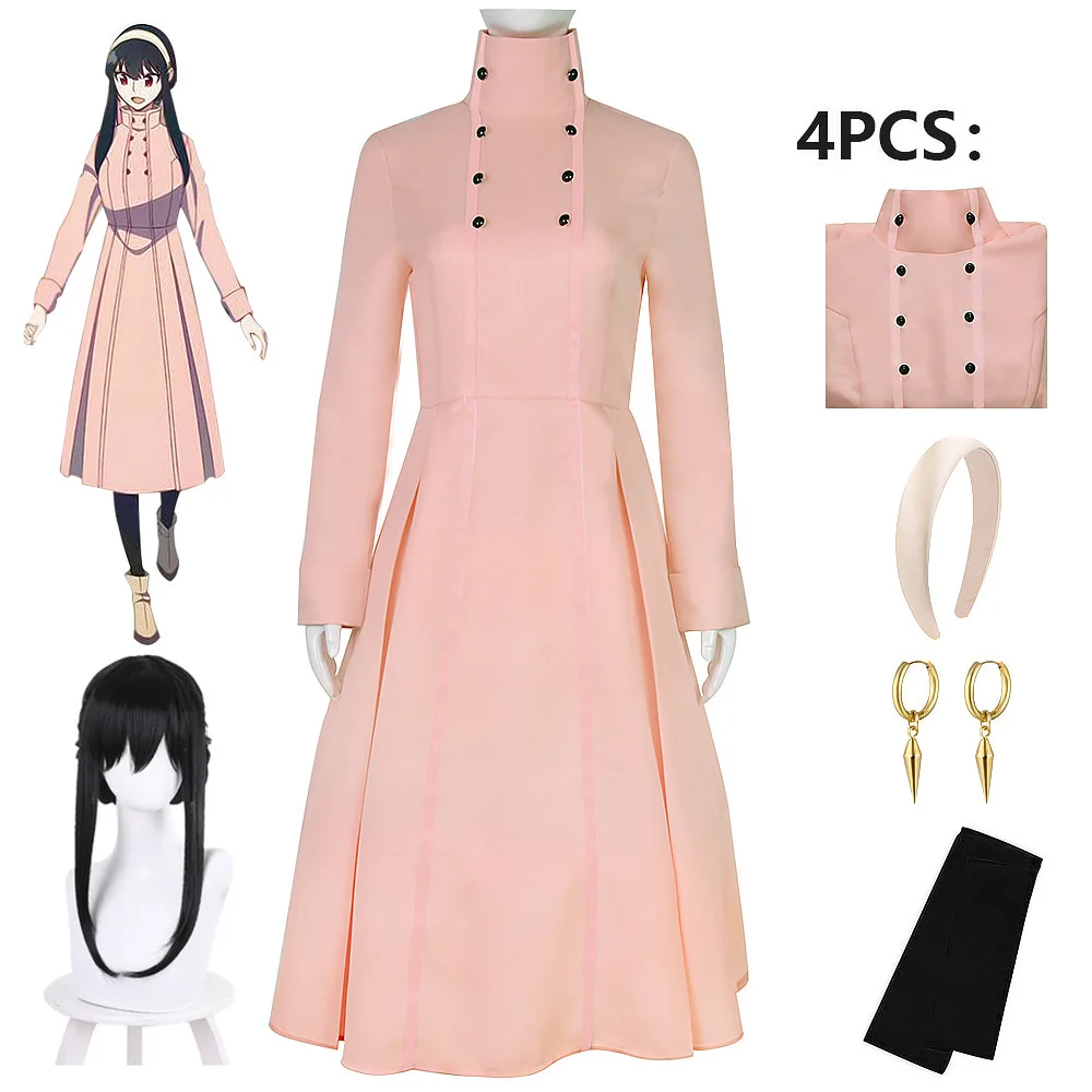 

Yor Forger Pink Dress Spy X Family Cospaly Costume Long CLothes Earrings Headwear Stockings Yor Forger Cosplay Outfit
