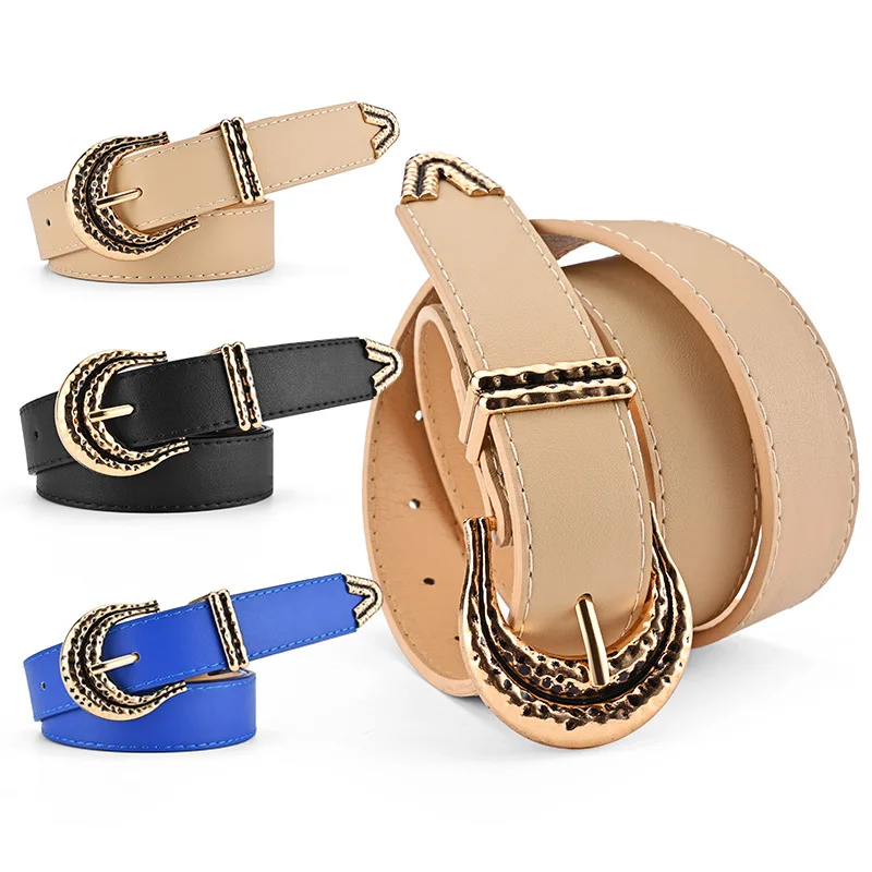 New Fashion Women's Vintage Carved Gold Buckle Belt PU Leather Gothic Casual All-Match Belt Dress Jeans Decorative Waistband
