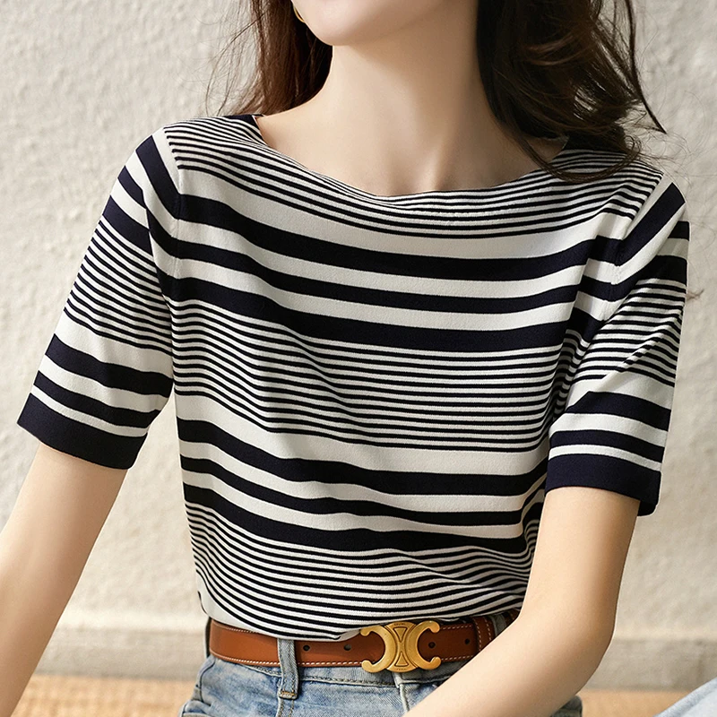 

GGRIGHT Striped Tshirt Women 2022 Summer Top Poleras Mujer Short Sleeve Woman Tshirts O-Neck Tee Shirt Femme T-shirty Damskie