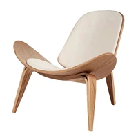 Hans Wegner Style Three- Legged Shell Chair Ash Plywood White Faux Leather Accent Chair Living Room Furniture Mid-Century Modern