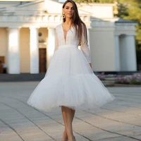 boho short wedding dresses 2022 v neck midi length lace long sleeves beach white ivory sheer illusion vestido de novia