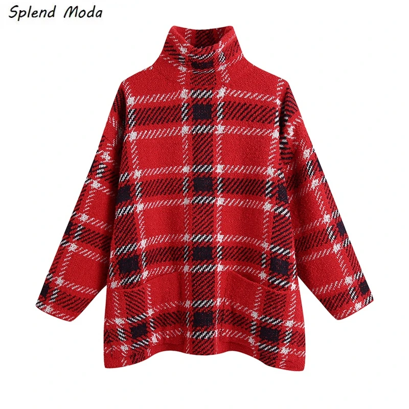 

Splend Moda Autumn Winter Fashion Vintage Casual Plaid Jacquard Turtleneck Long-Sleeve Pockets Loose Women Sweater Pullover