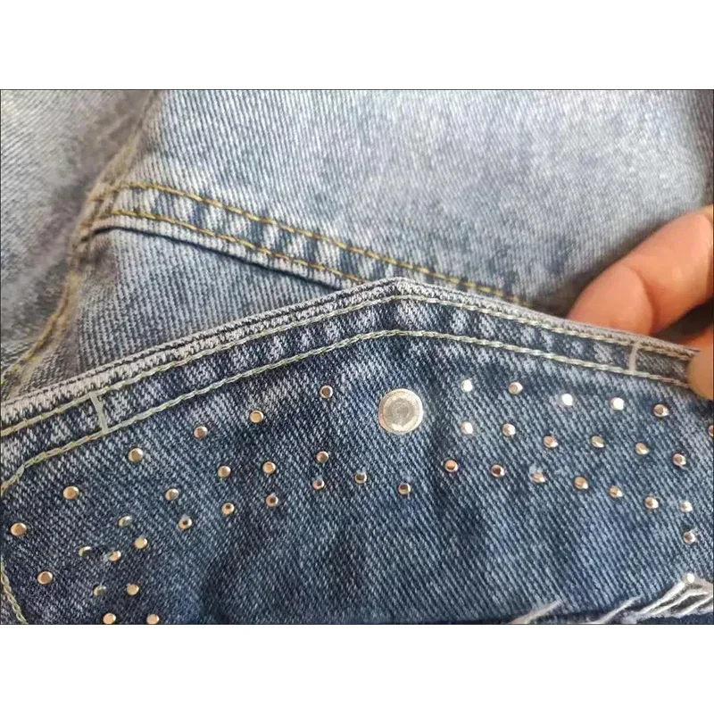 Джинсовое короткое пальто женское милое осеннее свободное с жемчугом и