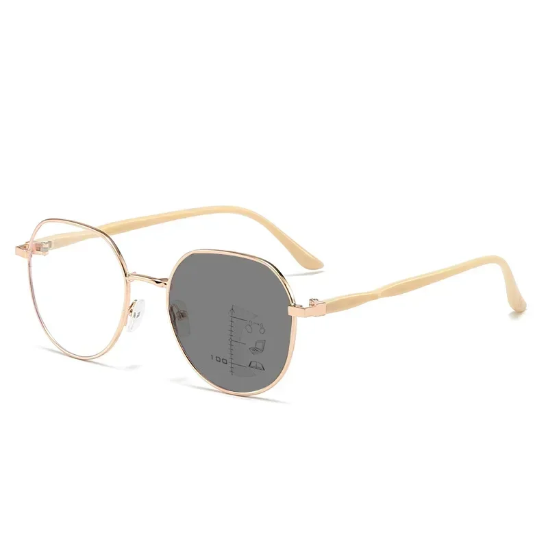 Luxury Photochromic Multifocal Reading Glasses Women Antiblue Light Presbyopia Ultralight Metal Frame Near Far Sighted