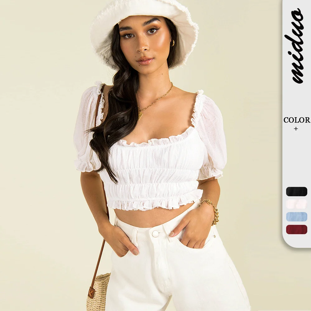 

EvaQueen Summer New Women's Lantern Sleeve Square Neck Ultra Short Navel Exposed Sexy Chiffon Pleated Top