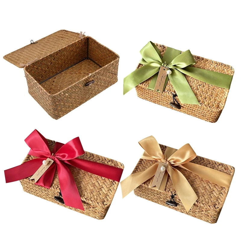 Rectangular Storage Basket With Lid Packaging Gifts Rattan Gift Box Empty Box 4 Styles Choose