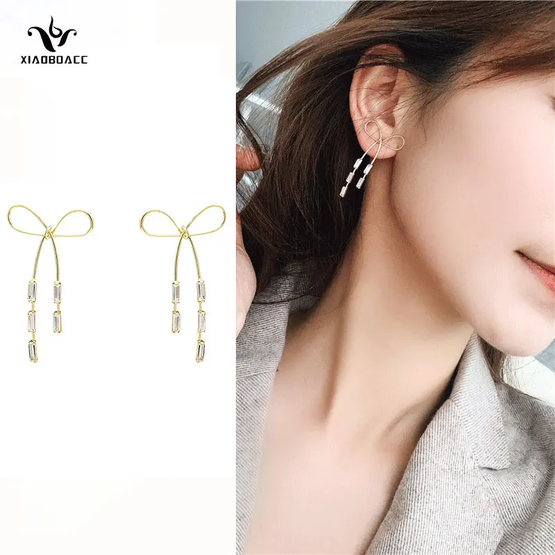 

XiaoboACC 925 Silver Needle Zircon Drop Earrings for Woman Fashion Bowknot Simple Dangle Earring Jewellery