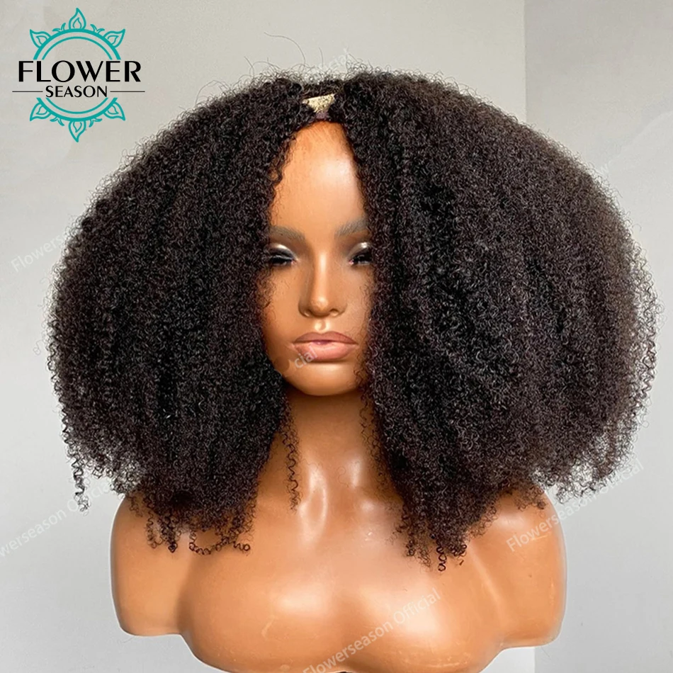 Afro Kinky Curly V Part Human Hair Wig 200Density Indian Remy Hair Kinky Curly U Part Wig 1x3 Middle for Women Machine Made Wig