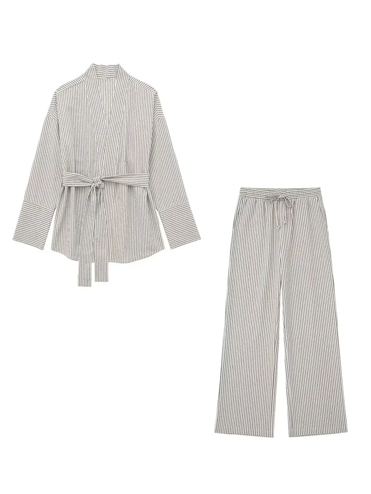 

Женский летний комплект кимоно в полоску, с V-образным вырезом и поясом