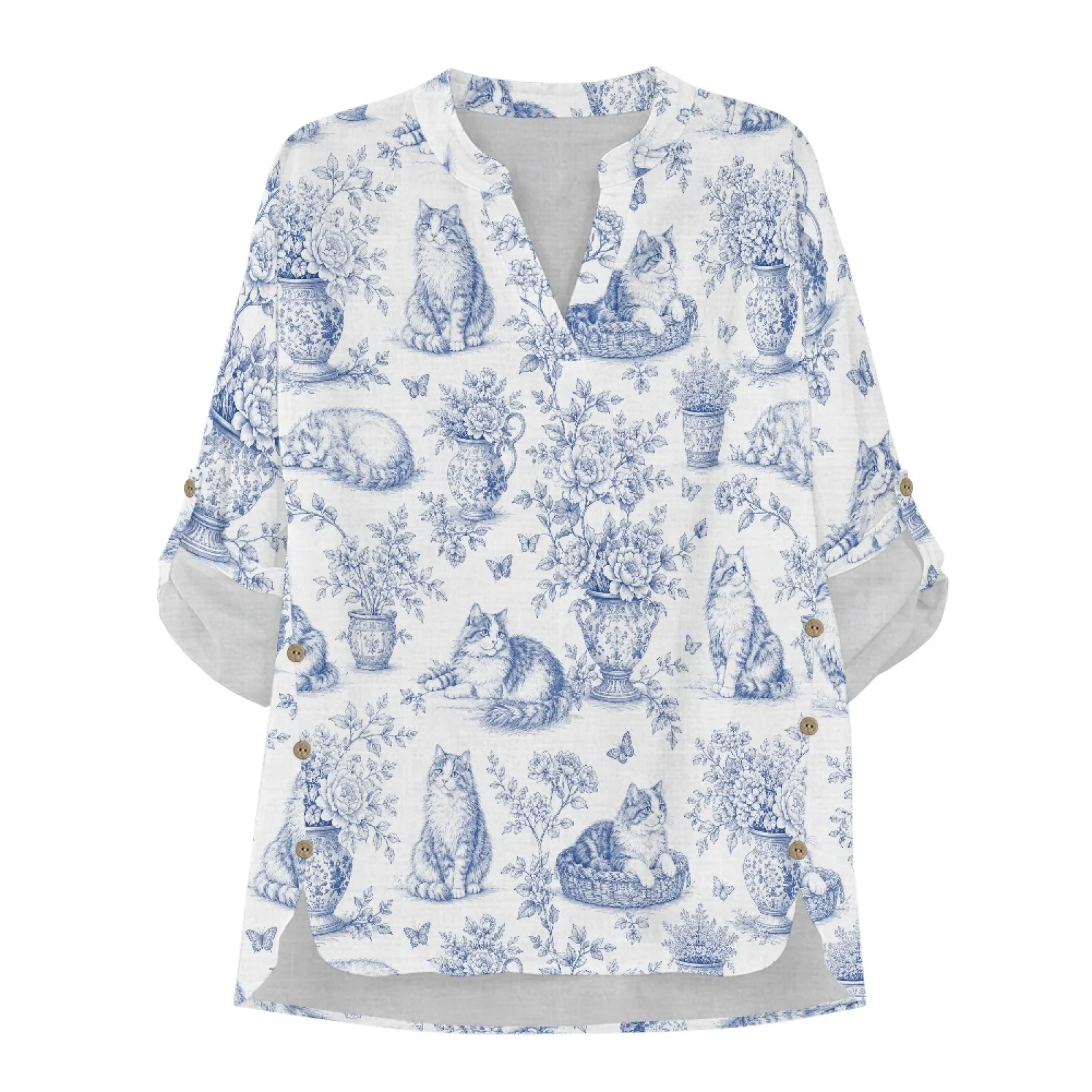 Фото PENSTROLL Blue Cat Toile Льняная блузка с длинным рукавом для женщин, свободного кроя, мягкие женские топы с длинным рукавом. №3