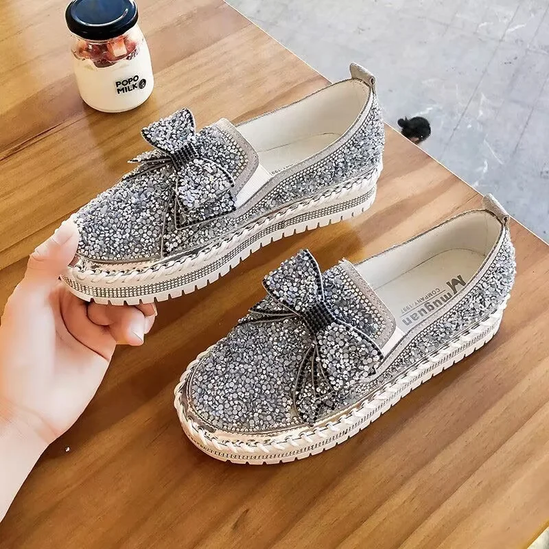 

Hand-made casual low-top canvas shoes with thick soles inside elevating silver diamond all-match plus-size women's 35-43