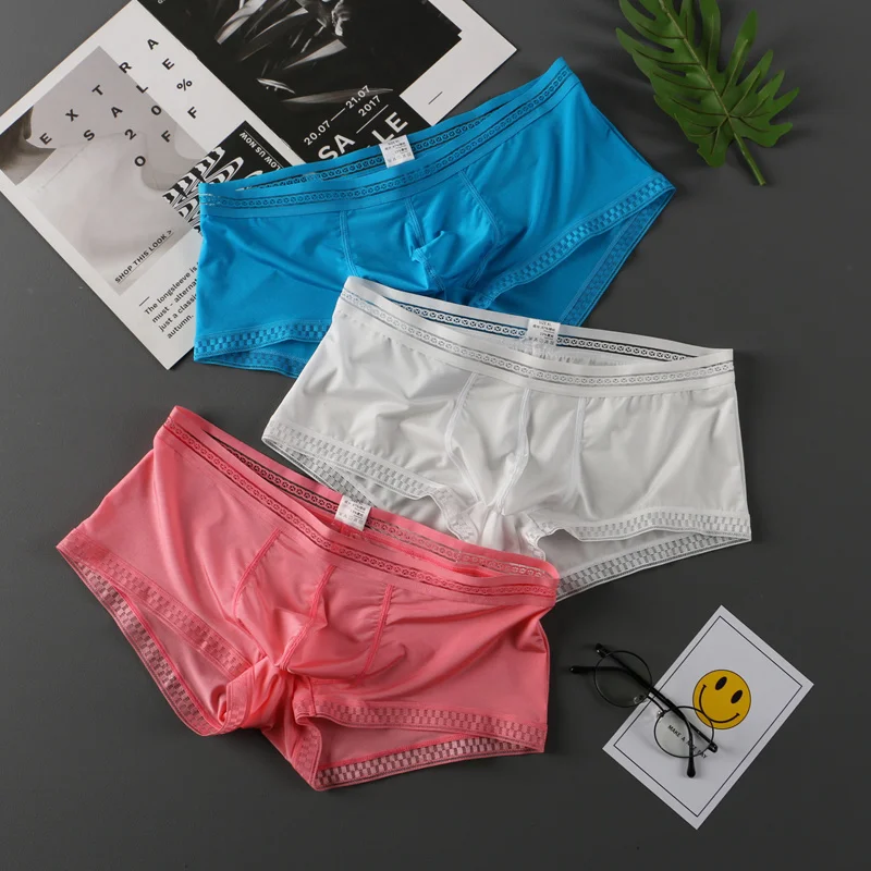 

New 3 Pcs/lot Mens Sexy Underwear Boxers Translucent Underwear Ice Silk Men's Panties Comfort Intimates Breathable Drop Shipping