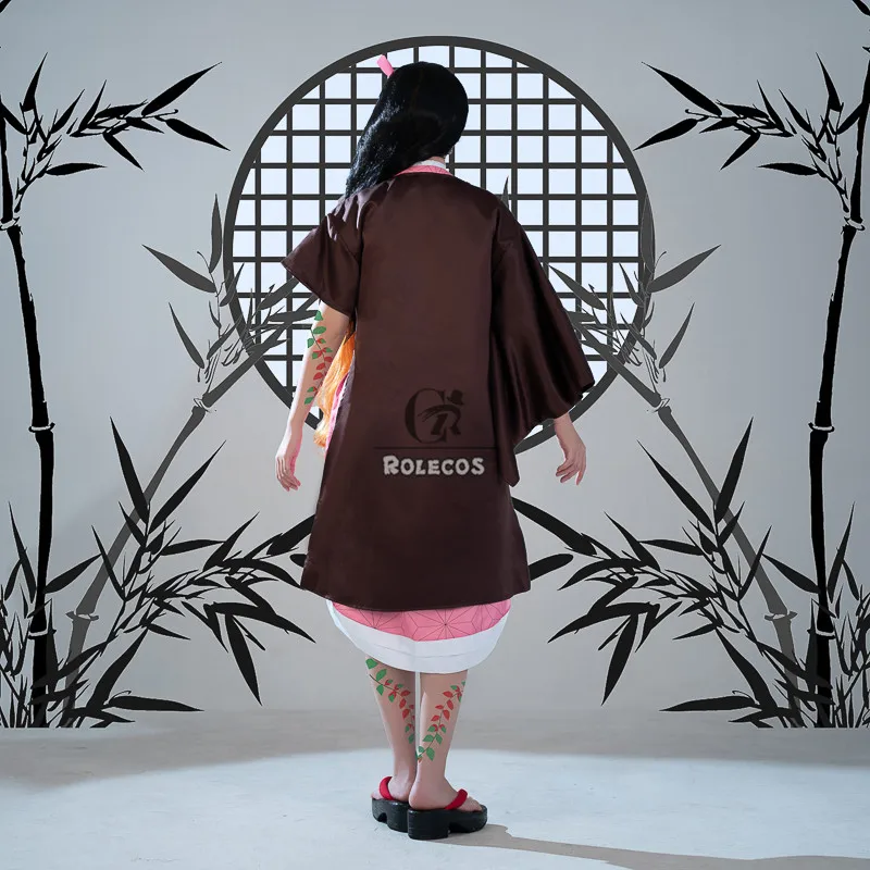 ROLECOS Nezuko Kamado Cosplay Costume Anime Demon Slayer Cosplay Costume Sexy Women Uniform Halloween Dress Full Set With Horn