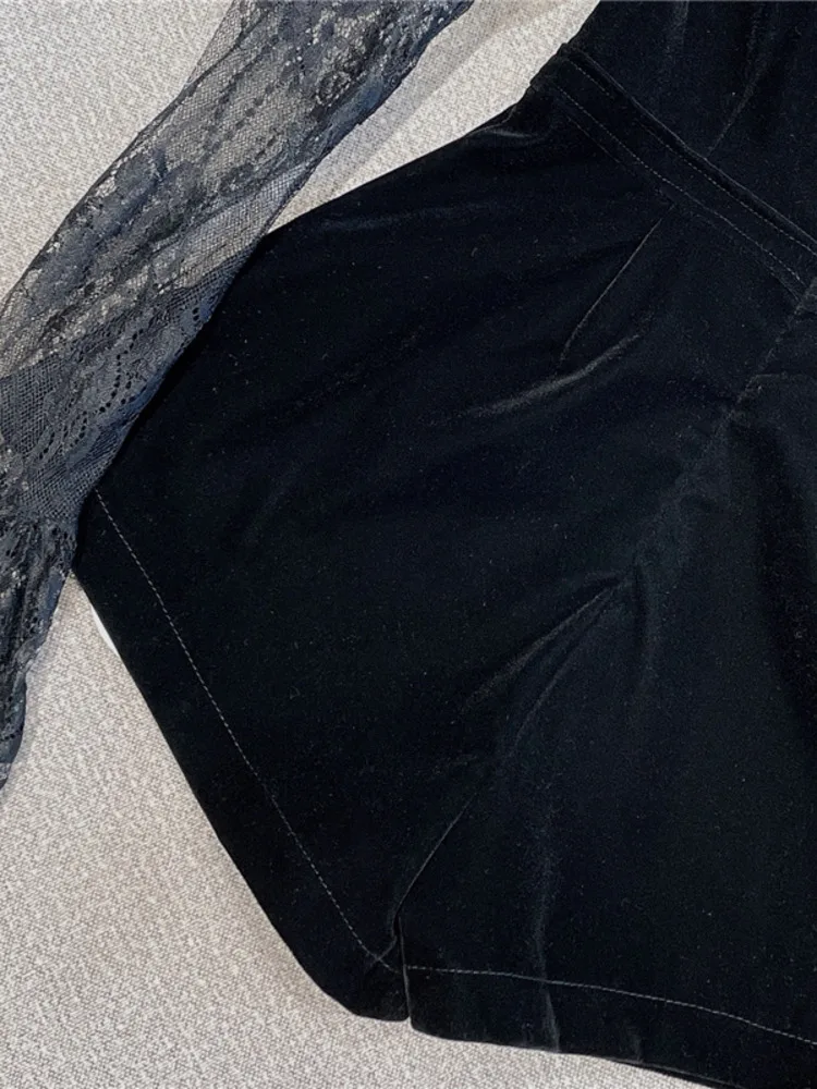 DEAT женский топ без пятки с кружевным рукавом золотые бархатные костюмы круглый