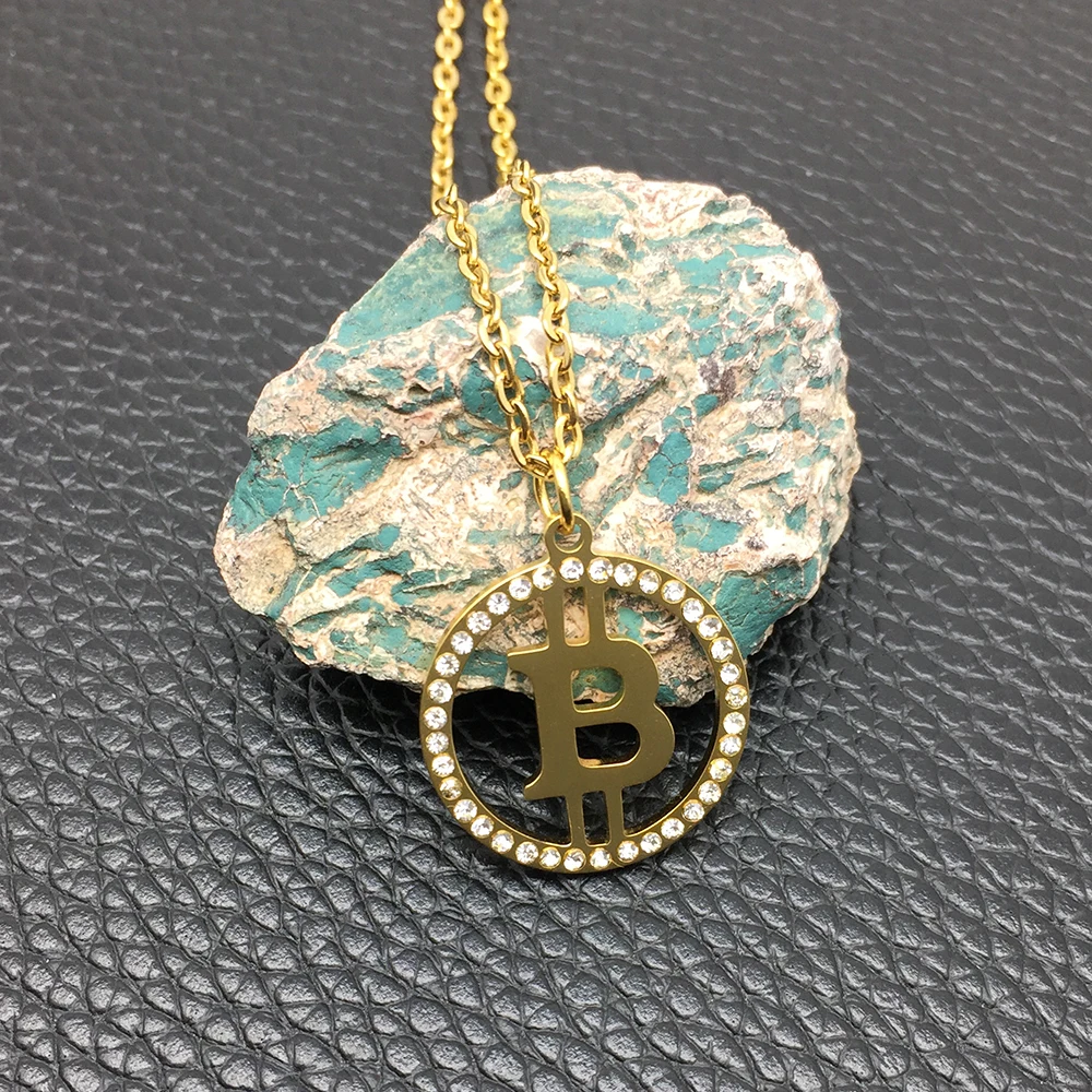 Ожерелье Стразы из нержавеющей стали с круглыми подвесками в виде биткоина трех