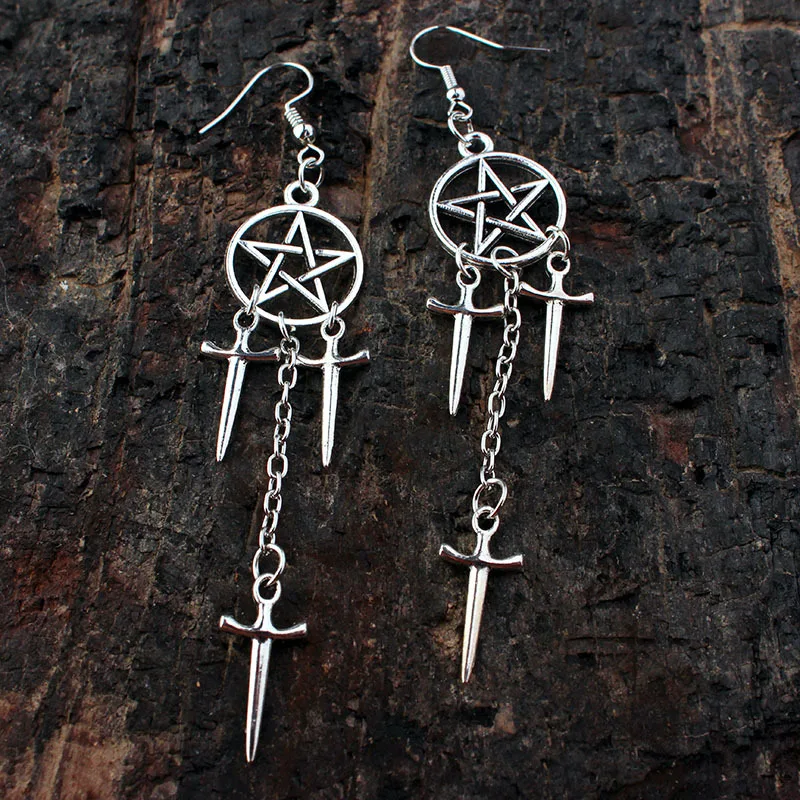 Готические серьги-мечи в виде пентаграммы для женщин серебряные кольца Huggie