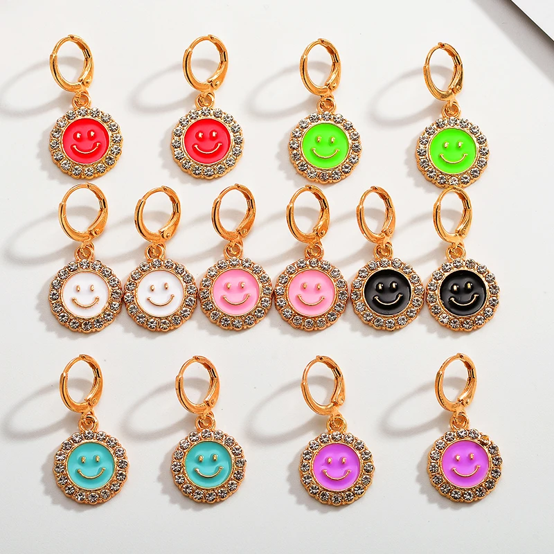 

Zircon Enamel Women's Cute Smiley Drop Earring 2Pairs Colorful Round Charm Hoop Earrings Pendant Jewelry Luxury Party Accessorie