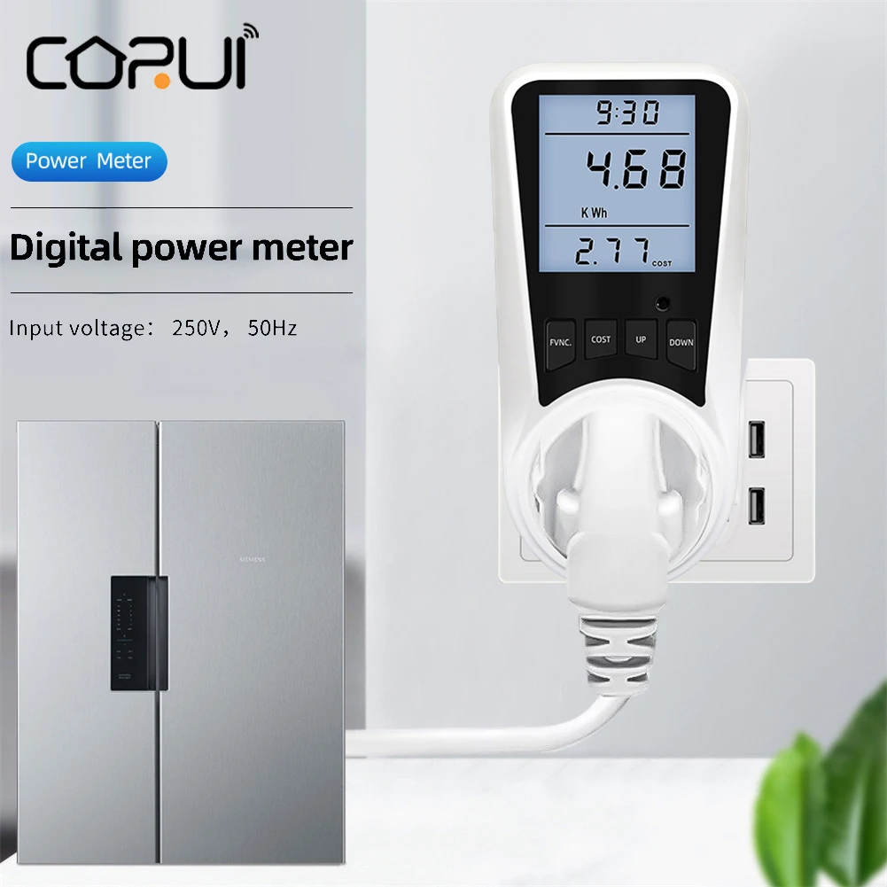 

CoRui Digital Wattmeter EU 220V AC LCD Electricity Consumption Meter Kwh Outlet Power Analyzer UK FR US BR AU