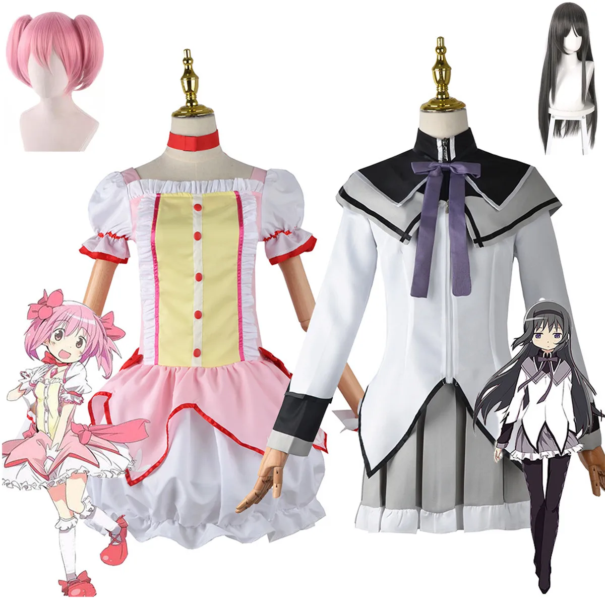 

Anime Magical Girl Puella Magi Madoka Magica Akemi Homura Kaname Madoka Cosplay Costume Mahou Shoujo Wig Battle Suit Dress Skirt