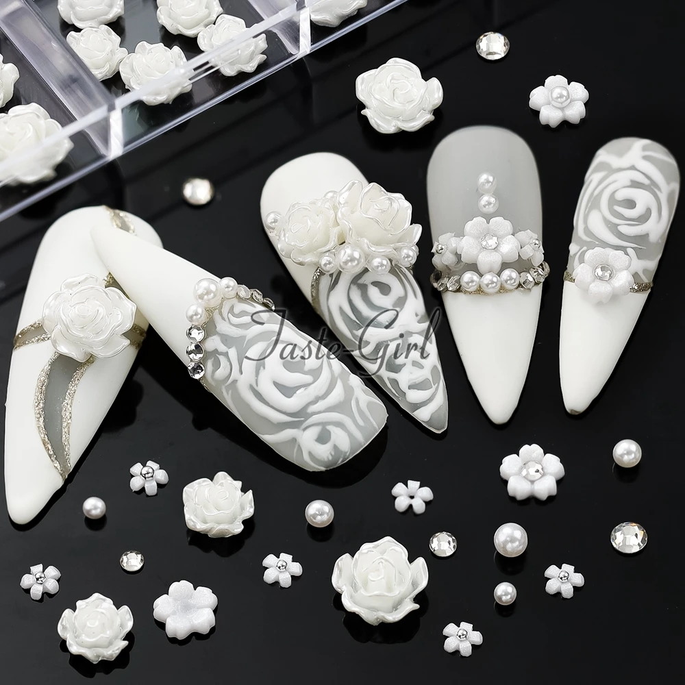 

1 Box 3D White Resin Nails Accesorios Charms Flower Silver Nail Art Decorations Caviar Beads Rhinestones Manicure Supplies Set