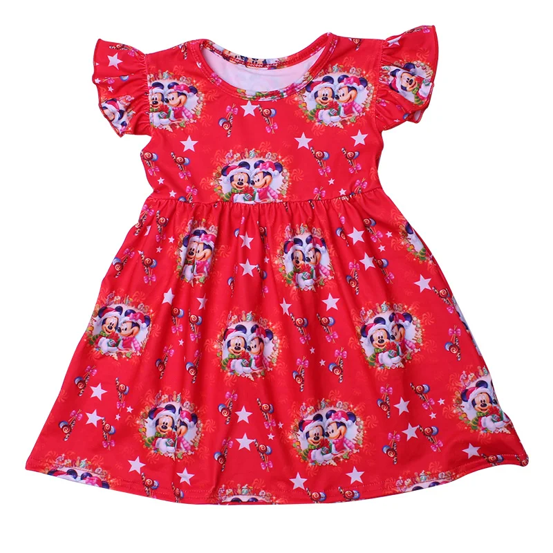 

Disney Girls Flutter Sleeve Cartoon Princess Mickey Minnie Printed Toddlers Christmas Mickey Pearl Dress 1-7Years