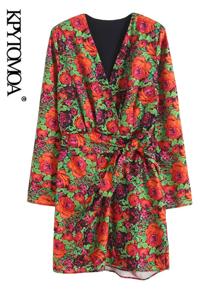 

KPYTOMOA Women Fashion With Bow Tie Floral Print Mini Dress Vintage Long Sleeve Side Zipper Female Dresses Vestidos Mujer