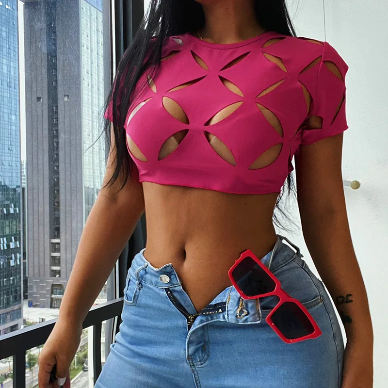 Купи Sexy Hollow Out T Shirt Rose Red Women Y2K 2022 Coquette O Neck Short Sleeve Sheer Crop Top Summer Fairy Grunge y2k top за 352 рублей в магазине AliExpress