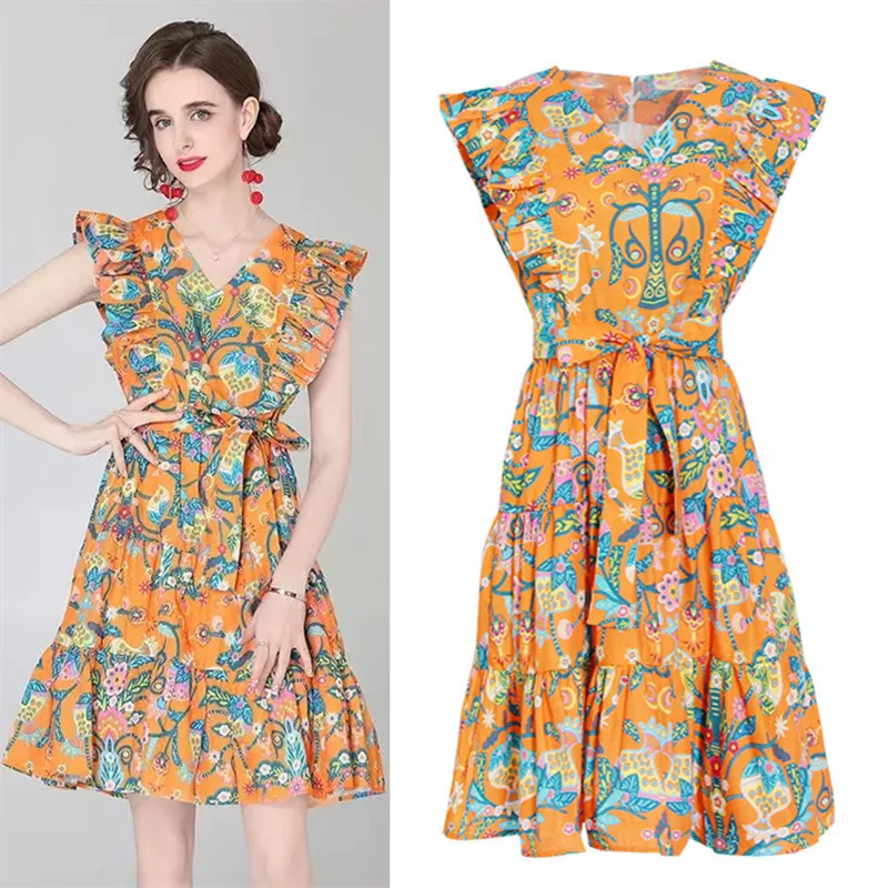 

Sexy Women Sundress V-Neck Sleeveless Printing Dyeing Orange High Waist Short A-Line Dresses Beach Party Clothes 2022 Summer