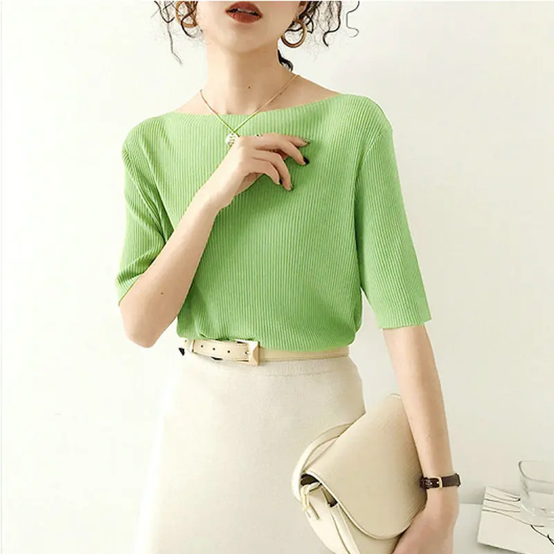 

2022 Summer Women Short Sleeve T-shirts Slash Neck Knitted Loose Ice-silk Solid Korean Style Large Tops Casual Slender Chic Top